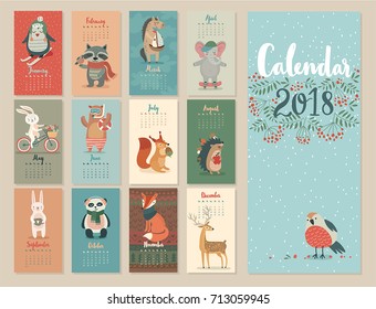 Calendar 2018. Cute monthly calendar with forest animals.