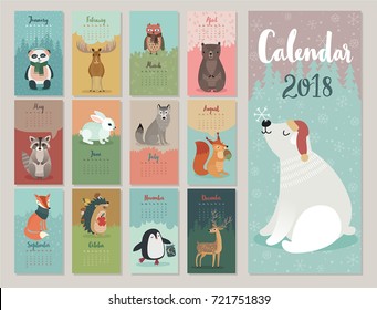 Calendar 2018. Cute monthly calendar with forest animals.