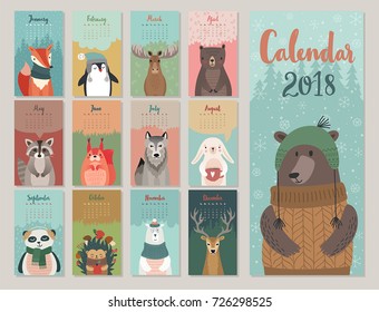 Calendar 2018. Cute monthly calendar with forest animals.