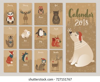 Calendar 2018. Cute monthly calendar with forest animals.