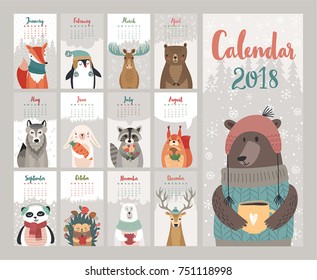 Calendario 2018. Calendario mensual con animales del bosque.