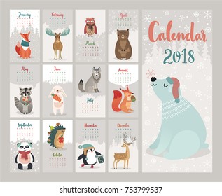 Calendar 2018. Cute monthly calendar with forest animals.