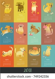 Calendar 2018. Cute monthly calendar with Watercolor vector dogs.