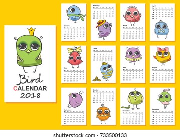 Calendar 2018. Cute owls and birds for every month. Vector. Isolated.