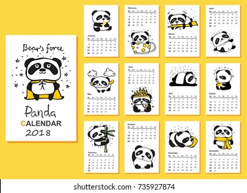 Calendario 2018. Los pandas son cortos todos los meses. Vector. Aislado.