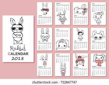Calendar 2018. Cute rabbits for every month. Vector. Isolated.