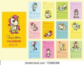 Calendar 2018 with cute unicorns. Funny unicorns for every month