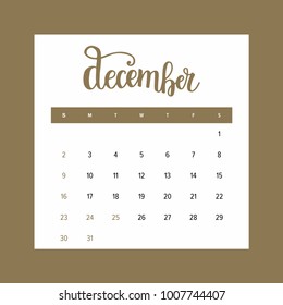 Calendar 2018 of December. One month of the year elegant design template with hand drawn lettering, golden elements and american holidays selected