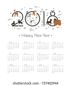 Calendar 2018 with different breeds of dogs. Symbol of the year in the Chinese calendar. Memphis style. Minimalism. Vector illustration. Isolated on white background.