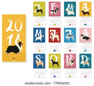 Calendar 2018 Dog breeds 12 months Colorful background