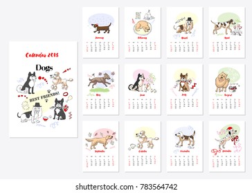 Calendar 2018 Dogs Sketches. Hand drawn  animals vector illustration