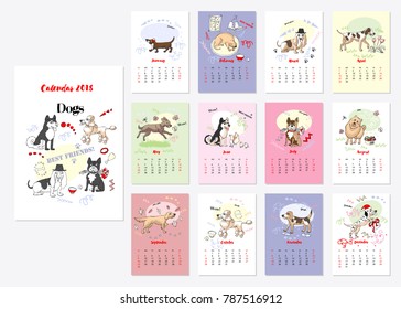 Calendar 2018 Dogs Sketches. Hand drawn  animals vector illustration