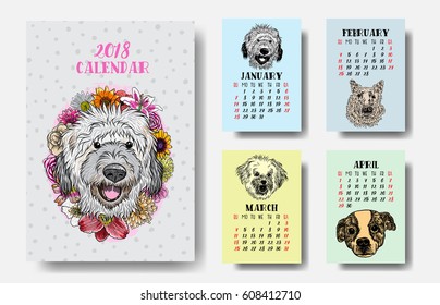 Calendar 2018 with drawing of colourful dogs set of 4. Chinese new year, the year of the dog zodiac monthly cards templates. Vector.