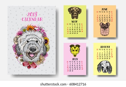 Calendar 2018 with drawing of colourful dogs set of 4. Chinese new year, the year of the dog zodiac monthly cards templates. Vector.