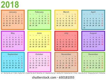 Calendar 2018, each month in a differently colored square and markings of public holidays for the USA in a landscape format