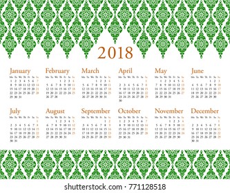 Calendar 2018, eastern style, vector
