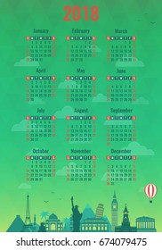 Calendar for 2018 with famous Wolrd Landmarks. Week Starts Sunday. Vector illustration