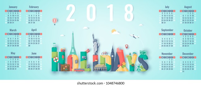 Calendar for 2018 with famous world landmarks. Week Starts Sunday. Vector illustration