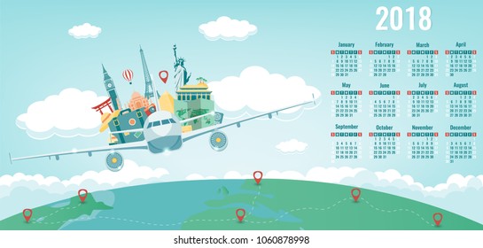 Calendar for 2018 with famous world landmarks. Week Starts Sunday. Vector illustration