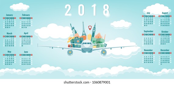 Calendar for 2018 with famous world landmarks. Week Starts Sunday. Vector illustration
