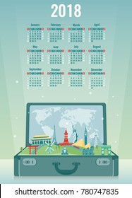 Calendar for 2018 with famous world landmarks. Week Starts Sunday. Vector 