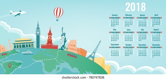 Calendar for 2018 with famous world landmarks. Week Starts Sunday. Vector illustration