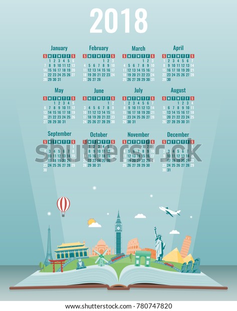 Calendar for 2018 with famous world\
landmarks. Week Starts Sunday. Vector\
illustration