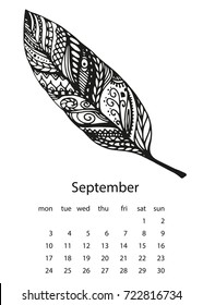 Calendar 2018 with feather in hand drawn style. For print, decor and creative design. Vector illustration