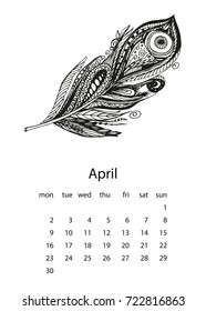 Calendar 2018 with feather in hand drawn style. For print, decor and creative design. Vector illustration