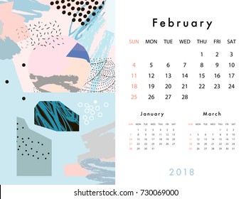 Calendar 2018. FEBRUARY.  Printable creative template. Abstract modern art.