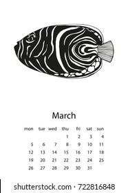 Calendar 2018 with fish in hand drawn style. For print, decor and creative design. Vector illustration
