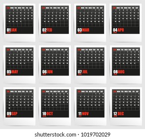 Calendar 2018 in frame with shadow. Week start on Sunday. Vector illustration. Eps 10