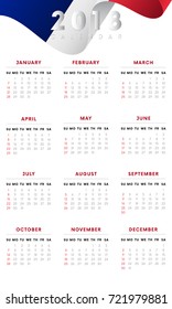Calendar 2018. France waving flag. Week starts from sunday. Vector illustration.