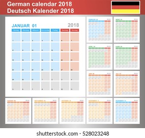 Calendar 2018, German planning calendar template January - December, week starts on Monday. Vector illustration.