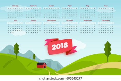 Calendar 2018. Greeny Mountain elegant desk calendar template in white background