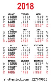 Calendar 2018 grid template. Isolated on white vector illustration