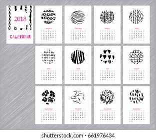 Calendar 2018 with hand drawn textures. Unique design for each month. Vector planner with geometric figures: stripes, triangles, circles, dots, flowers and leaves. Doodle art diary.