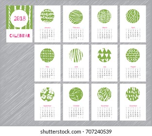 Calendar 2018 with hand drawn textures. Unique design for each month. Vector planner with geometric figures: stripes, triangles, circles, dots, flowers and leaves. Doodle art diary.