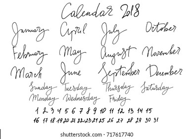 Calendar 2018 handwritten text vector.