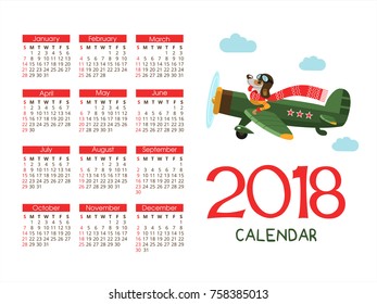 Calendar 2018. Happy New Year! Cheerful vector illustration. A fun dog character 2018 flying on the plane.