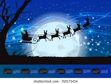 the calendar for 2018. horizontal orientation. night and silhouette of Santa Claus against the background of the moon. tree branches silhouette