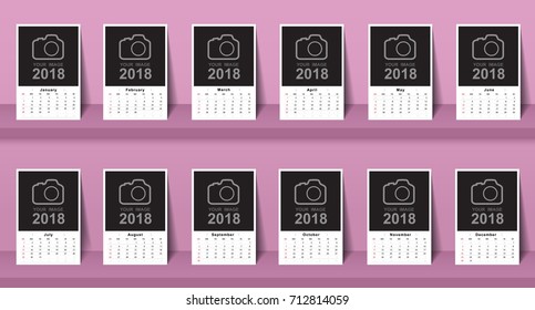 Calendar 2018 horizontal template design. Calendar Template  week starts from Sunday.Vector eps10.