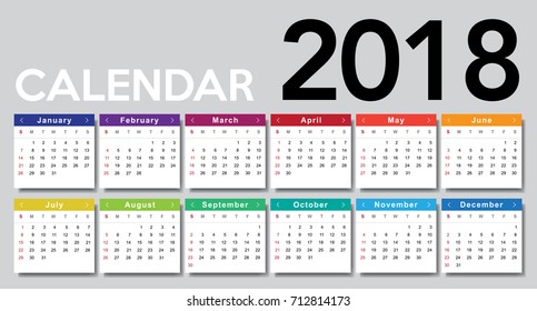Calendar 2018 horizontal template design. Calendar Template  week starts from Sunday.Vector eps10