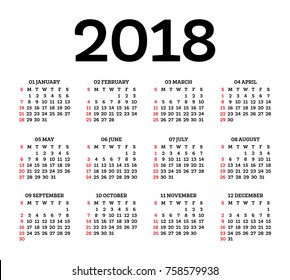 Calendar 2018 Isolated on White Background. Week starts from Sunday. Vector Illustration.