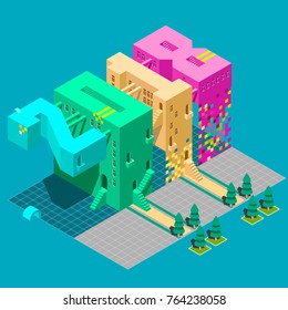 Calendar 2018 isometry. Isometric architectural figures, numbers.