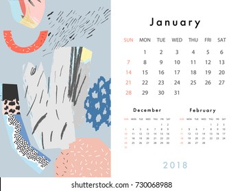 Calendar 2018. JANUARY. Printable creative template. Abstract modern art.