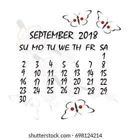 Calendar for 2018. Japanese style. Sakura and butterflies. The month of September