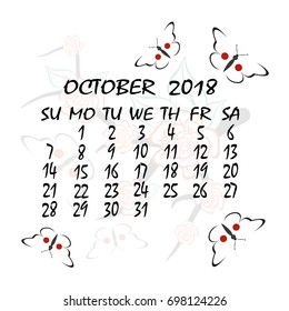 Calendar for 2018. Japanese style. Sakura and butterflies. The month of October