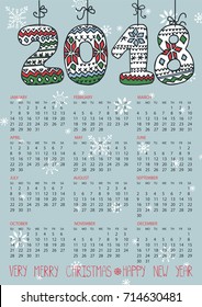 Calendar 2018 with Knitting pattern numbers, snowflakes.Sign of seasons,handmade   symbol.New year holiday Vector,winter background.Week starts from sunday,american.Vertical