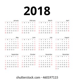 calendar 2018 layout template design simple vector on white background. week start from sunday.
